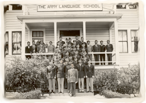 Army Language School Students stand before Commandant's building circa 1947