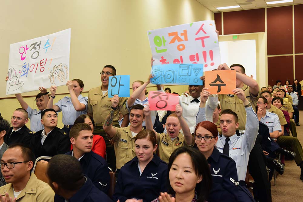 Asian School II students cheer for their classmates during the 14th Annual Korean Speech Contest June 23 at the Defense Language Institute Foreign Language Center. (Photo by Patrick Bray, DLIFLC Public Affairs)