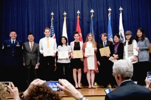 The five students of the Chinese Flagship Domestic Immersion Capstone Program celebrate their graduation from the Defense Language Institute Foreign Language Center.